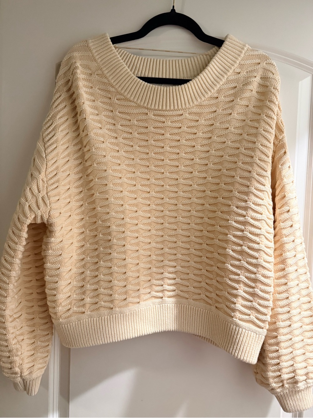 Women's Cream Textured Crewneck Sweater - Casual Pullover